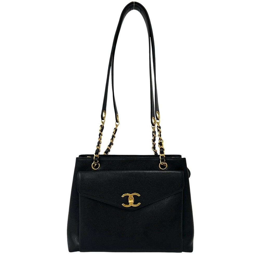 CHANEL Coco Mark Caviar Skin Semi-Shoulder Bag Tote Black 37804